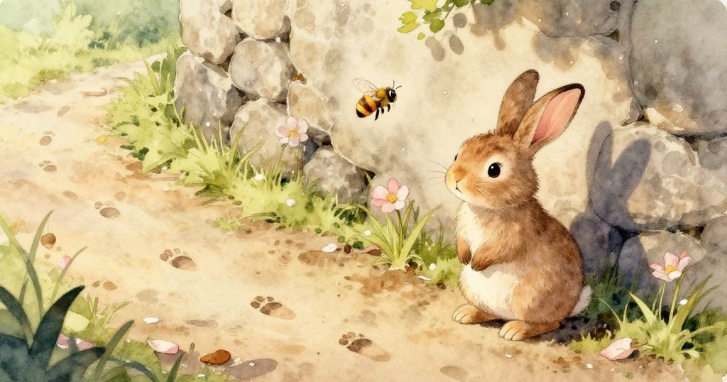 兔子Ruby近距觀察一簇薄荷葉與破落澆水壺，細膩雨滴襯托花園的堅韌，表情專注與溫柔。