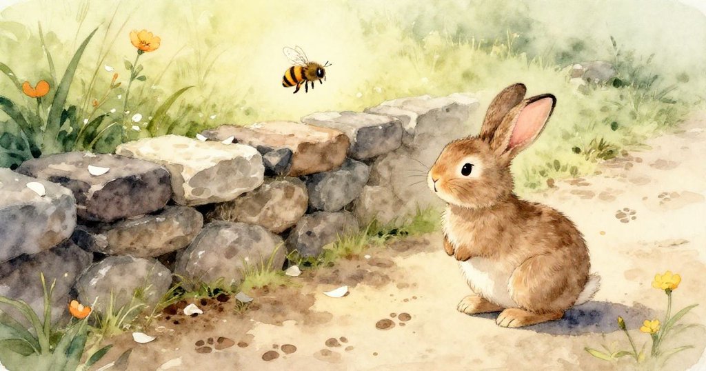 在淺水灑落雨滴中，兔子Ruby跳上顫抖的薄荷莖橋，水中倒影展現其堅毅與靈動，情緒明顯。