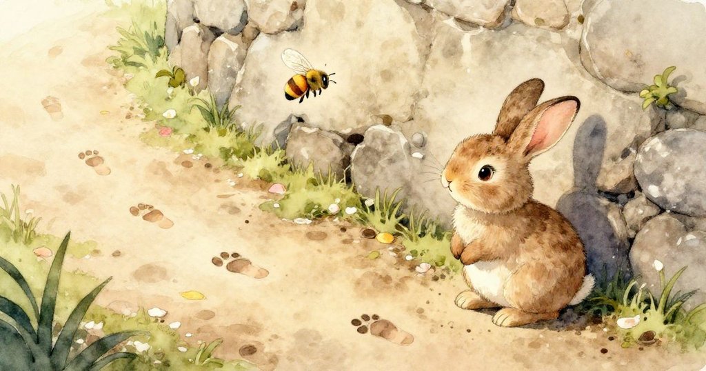 在濕潤田園中，兔子Ruby與田鼠Milo於薄荷叢旁互動，交流無言鼓勵，臉上表露溫柔與希望。