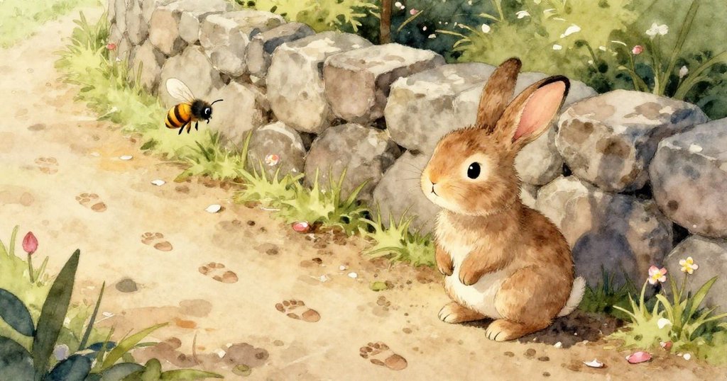 落日時分，兔子Ruby濕漉漉卻堅毅地攜帶薄荷葉歸家，穿越石牆拱門，夕陽溫暖映襯著堅定情懷。