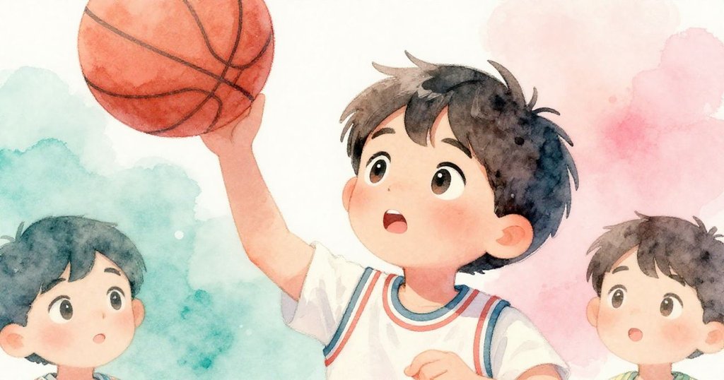 Leo專注的眼神捕捉著籃球飛出的瞬間，臉上充滿決心與驚喜，背景模糊呈現運動中的後院景致。