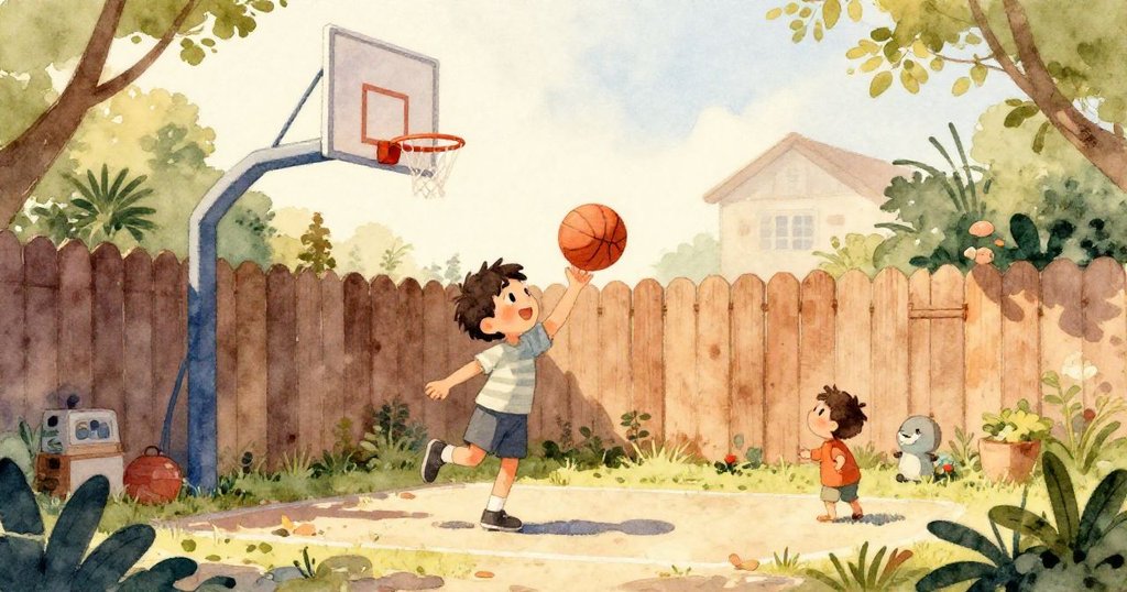 籃球輕觸花盆引發連鎖反應，花盆傾斜、泥水四散，Leo遠處趕來注視，情境動感十足。