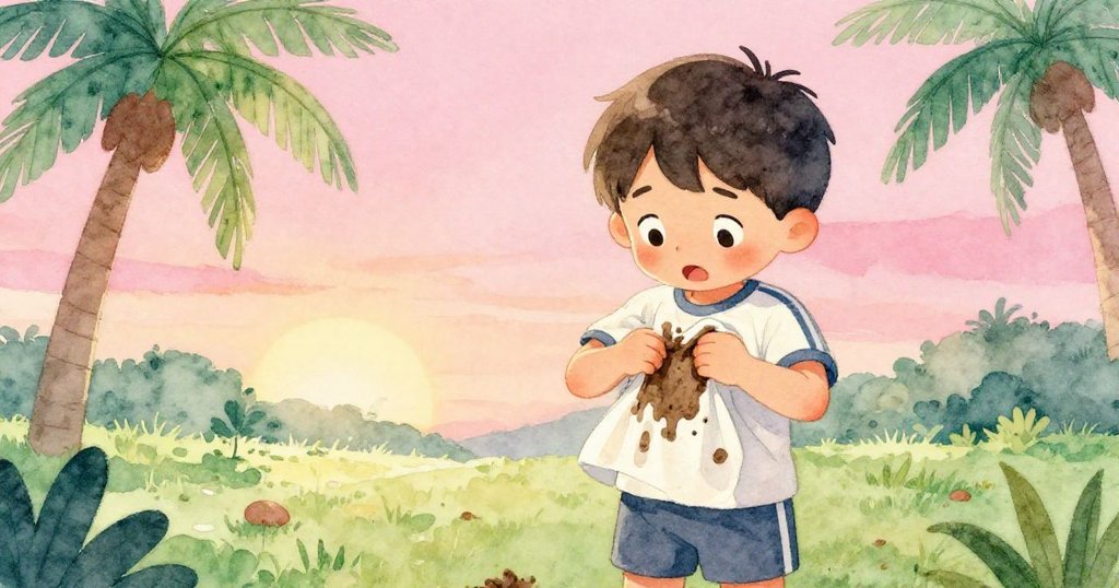 Leo面對混亂場景略感驚訝，專注擦拭襯衫上的泥巴，神情中流露出堅定與一絲困惑的情緒。