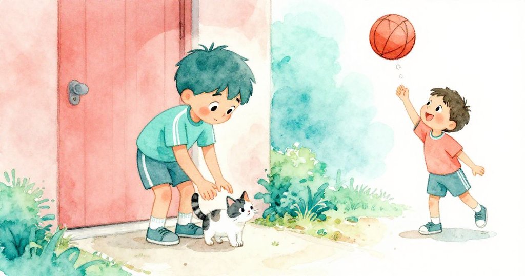 Leo溫柔將小貓放在門前的乾淨台階上後，再次運球得分，場景充滿喜悅與家庭溫暖，展現成功的喜悅。