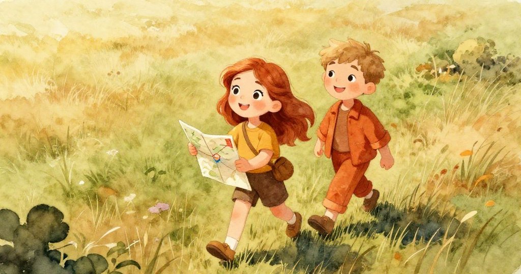 麗娜在寬廣的陽光草原上手持地圖，米洛陪伴左右，鳥瞰畫面展現冒險起始，充滿期待與活力。