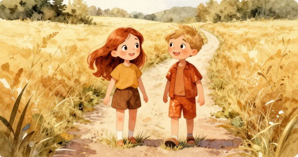 麗娜與米洛沿著細長小徑前行，腳步在草地上留痕，展現冒險發展，充滿探索與熱情。