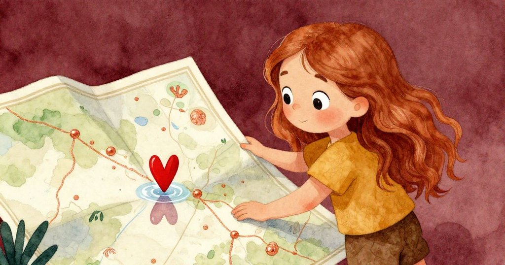 麗娜專注檢視地圖上的紅點，其光芒在水面上倒映，展現驚喜與發現，情節逐步推進。