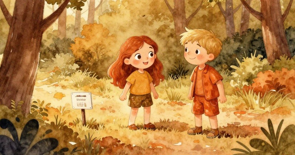 麗娜與米洛從高處望見指示牌，詮釋營地方向，背景展現大地與晨光，充滿期待與喜悅。