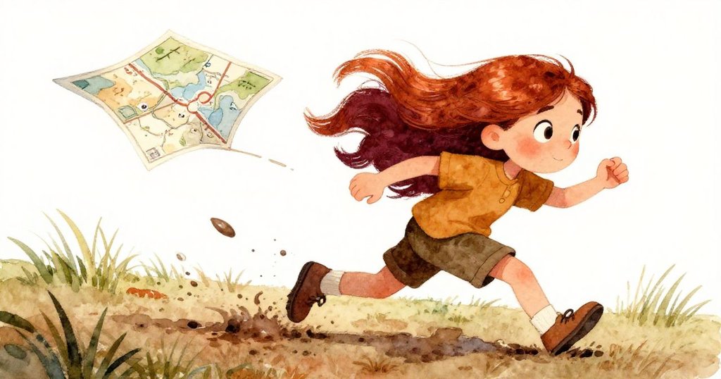 麗娜追逐被風吹拋的地圖，因泥濕摔倒瞬間表情驚慌，米羅在後急忙幫助，情節達到高潮。