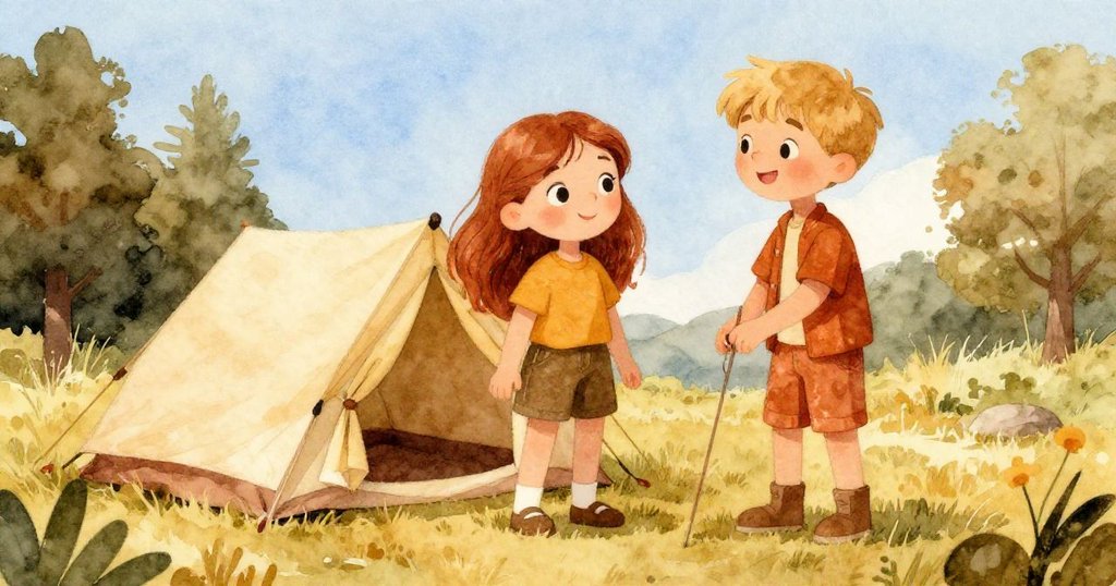 麗娜與米洛搭建營地，手忙腳亂中展現快樂與合作，藍天映襯出成功與溫馨結局，充滿感激與歡笑。