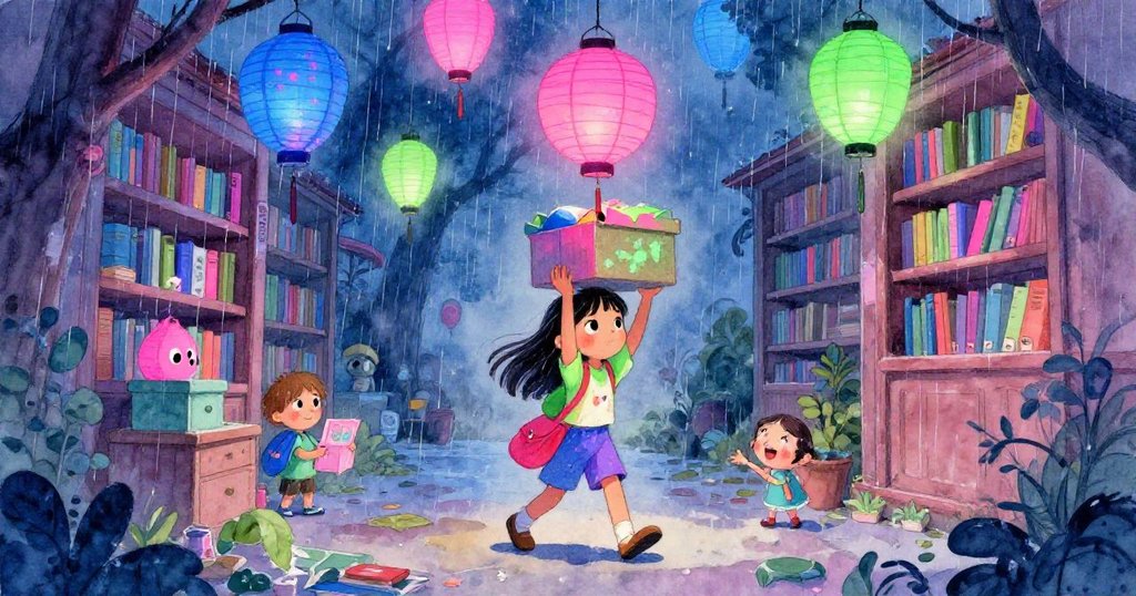 莉娜走進圖書館後庭院，肩挑燈籠箱，在雨後濕潤石板路與拱形樹影間展現滿懷期待與柔和黃昏光線。