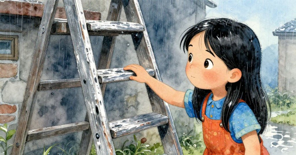 莉娜輕觸斑駁木梯，雨後柔光下見證歷史痕跡，細膩地感受著過往節慶和記憶的溫暖。