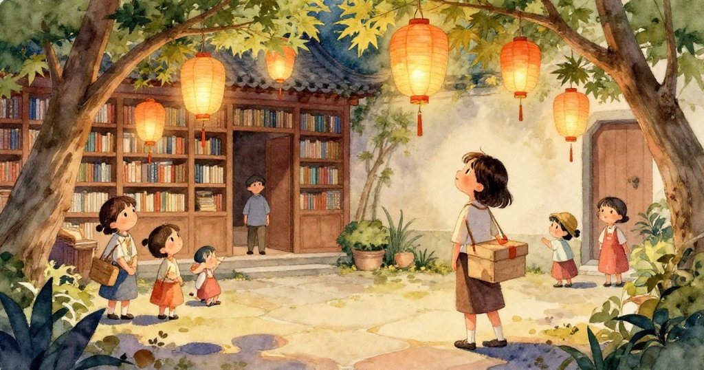 知更鳥視角下燈籠在綠葉間隨風搖曳，雨滴閃爍映出奇幻光影，展現童趣與好奇心的魔法瞬間。