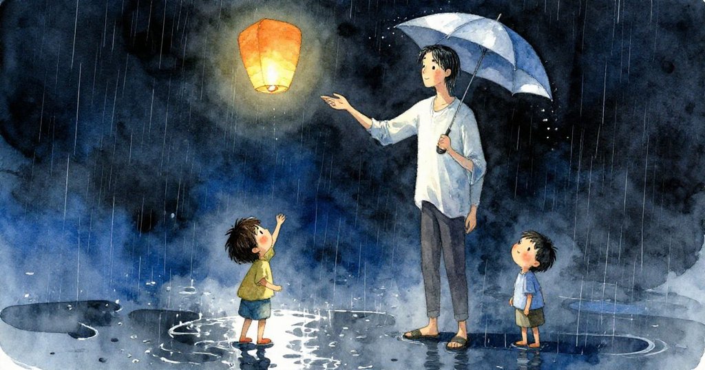 陌生人站在雨後水坑旁伸手穩住墜落燈籠，反射的光影映出他溫柔而果斷的救援動作。