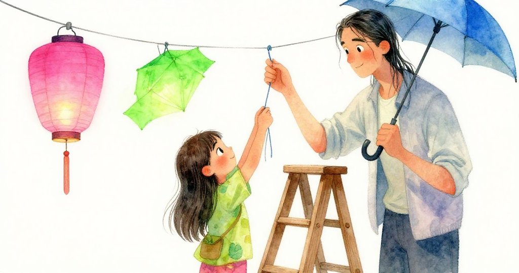 莉娜與陌生人並肩立於木梯上協作修補燈籠繩，面露專注與默契，展現雨後庭院中溫馨合作的瞬間。