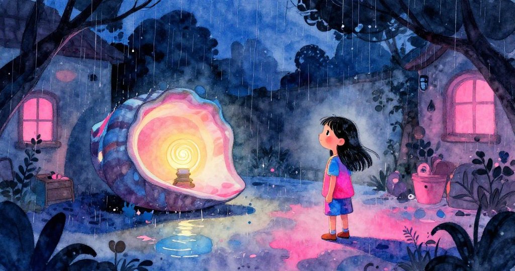 莉娜退後欣賞燈籠螺旋如發光海螺，夜幕中庭院靜謐濕潤，溫暖橙光與深邃藍黑交織展現希望與奇跡。