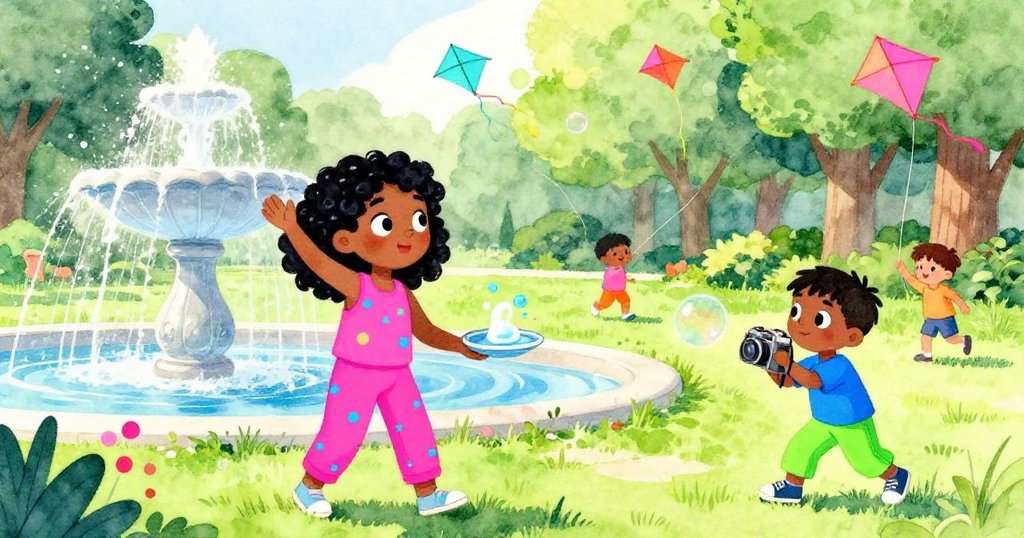 馬里索爾手持皂液盤與塞奧操作相機，在陽光公園噴泉旁展現開場的歡樂與活力，孩子們背景嬉戲。