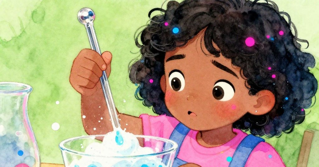 馬里索爾專注地將玻璃棒浸入皂液中，臉上流露堅定與期待，在柔和公園背景中展現動作與情感進程。