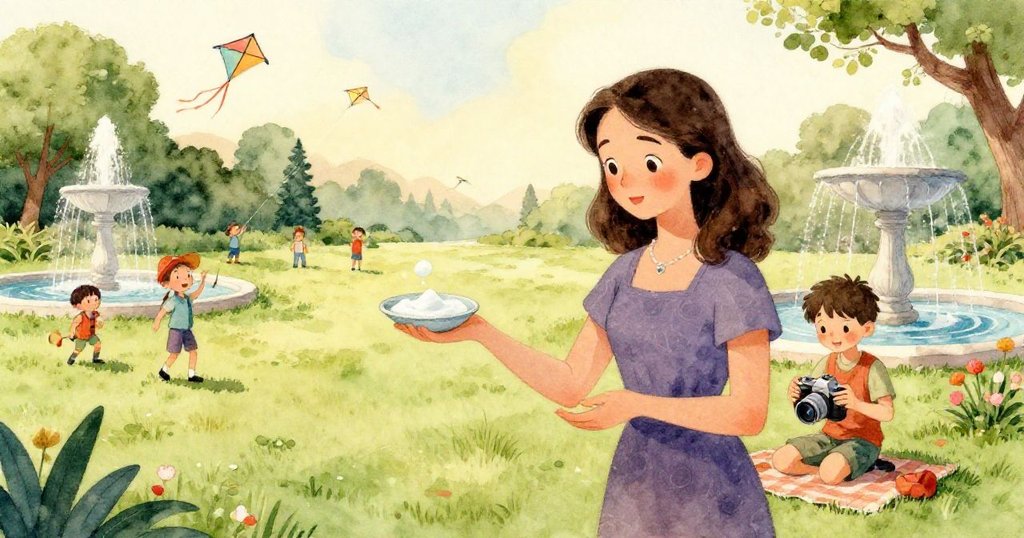 泡泡隨風撞上彩色遙控玩具獵豹的彎曲背部，孩子們露出驚奇神情，展現動態高潮與新奇奇遇。