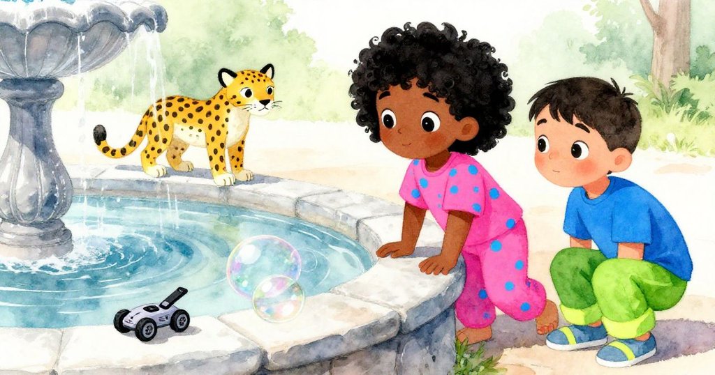 馬里索爾與塞奧在噴泉邊靜候泡泡滑向涼石邊，玩具獵豹停下，情緒從動態轉向寧靜定格。