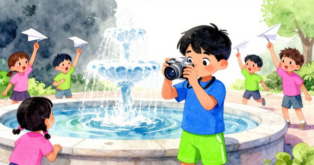 塞奧調整相機按下快門捕捉泡泡定格瞬間，孩子們放下紙飛機展現驚喜與堅定，營造出重要決定場面。