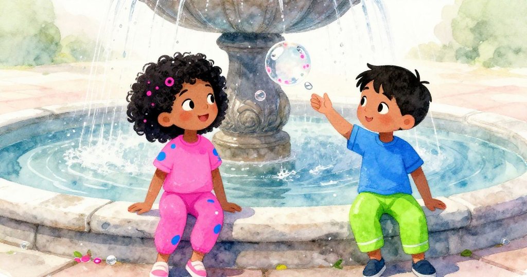 泡泡在噴泉石緣漸隱，水珠映暖陽光，馬里索爾與塞奧微笑靜享奇趣冒險的溫馨結尾，情感流露。