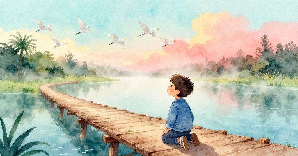 米洛跪坐於霧氣朦朧的木橋上，正準備用手機捕捉河口上空群鷺盤旋景象，充滿期待與專注。