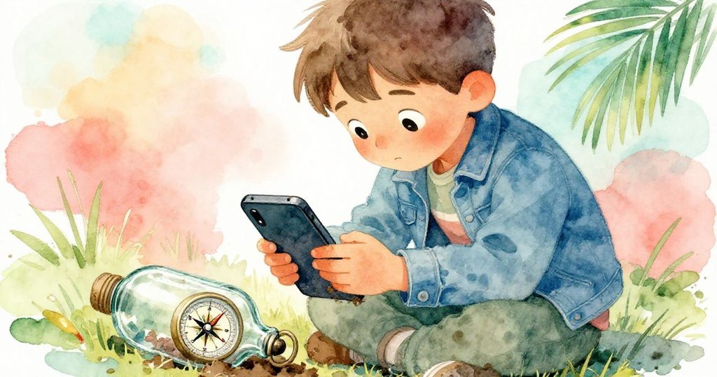 米洛撥開泥水檢視手機與半埋瓶子，瓶內指南針微轉，數濕手透露驚喜神情。