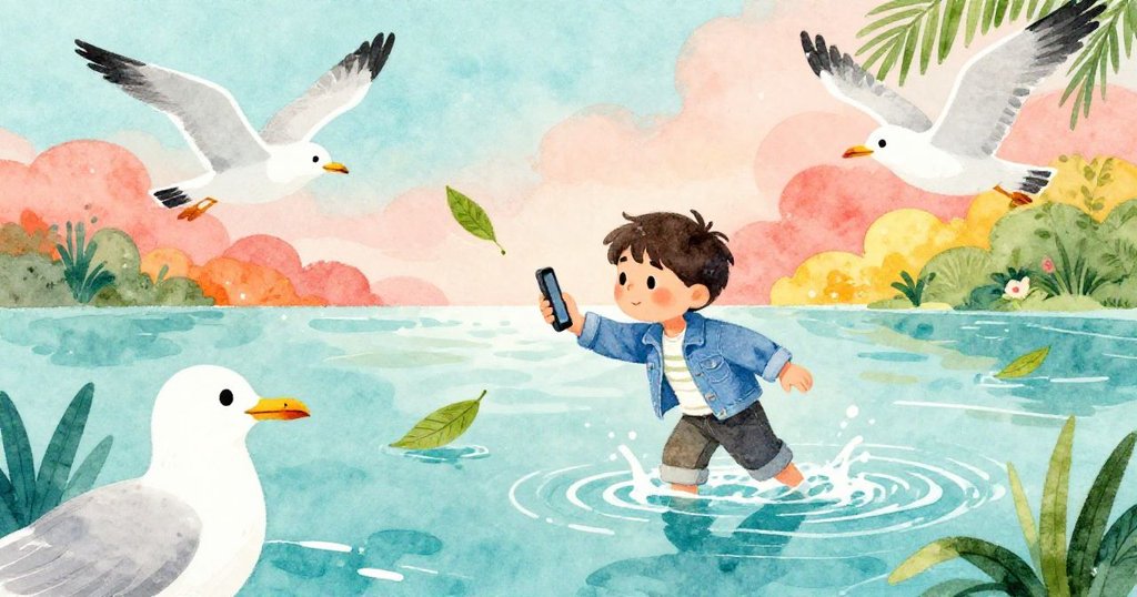 一隻海鷗視角看見米洛涉水撿取手機，河口波光粼粼，海鷗環繞喚起探索之意。