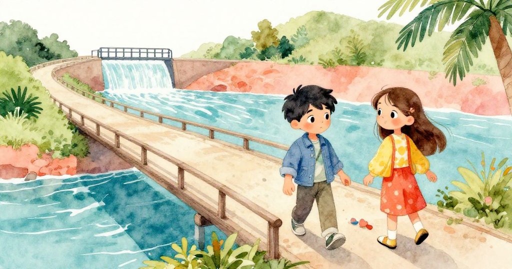 從高處俯瞰橋樑與洩洪景象，米洛和克拉拉忙於搶救裝置，背景展現河口水勢流動。