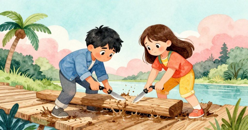 米洛與克拉拉合作按壓木板，用小刀施力，破板時泥濘濺起，他們滿懷信心。