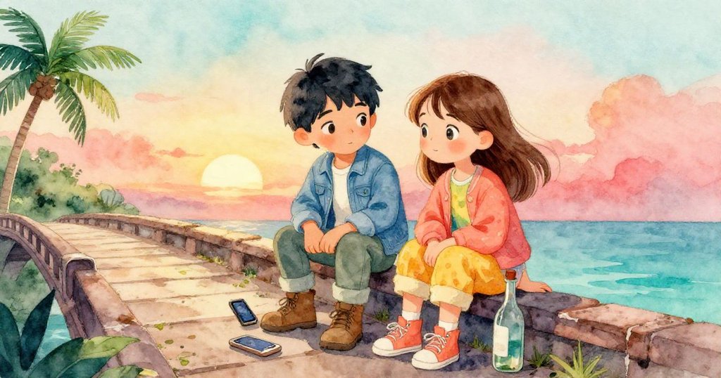 夕陽下河水漸平，米洛將手機放旁神秘瓶子，兩人露出會心微笑，道別今日冒險。