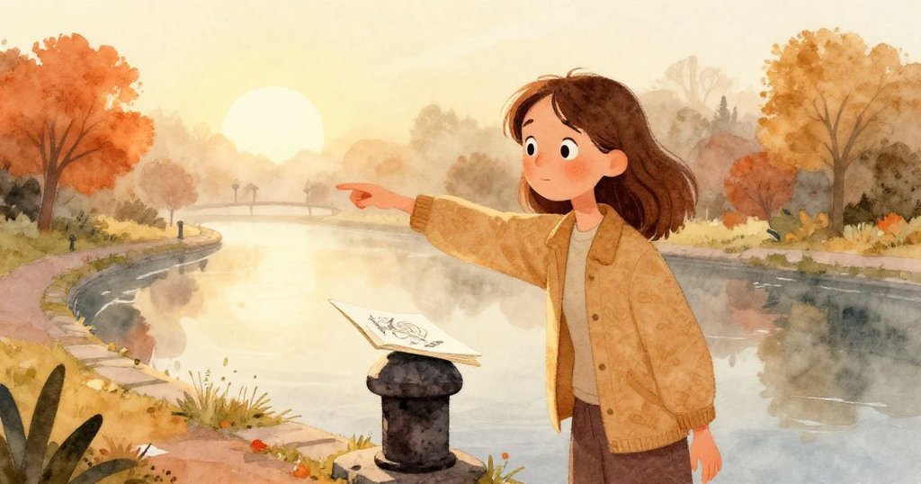 喬迪在黎明薄霧中站在古舊石柱上，輕握畫本迎接微光，背後運河與朦朧霧氣營造出探索期待。