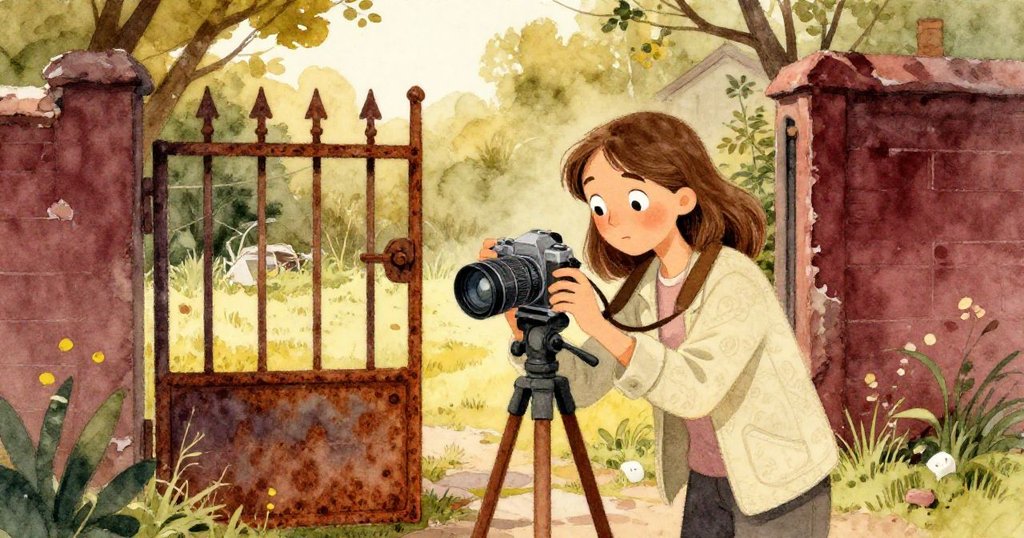 喬迪在斑駁鐵門前調整三腳架，明滅光線透過舊庭院灑落，層次豐富展現懷舊與現代交織情景。