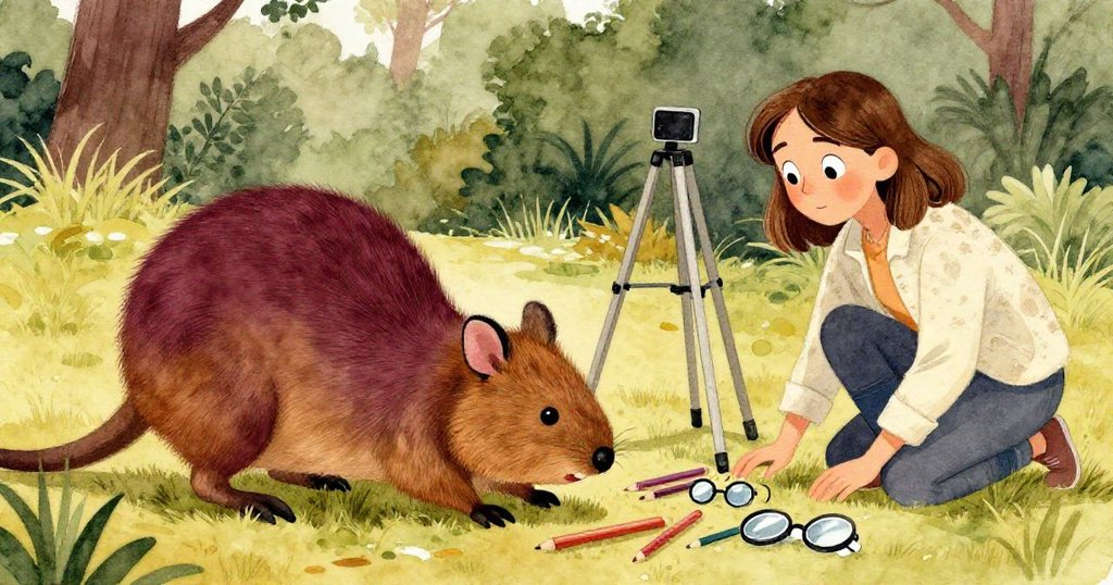 矮狐猛撲倒三腳架，喬迪與旅人連忙收拾散落鉛筆與鏡頭，場景充滿緊急互助與溫馨動作。