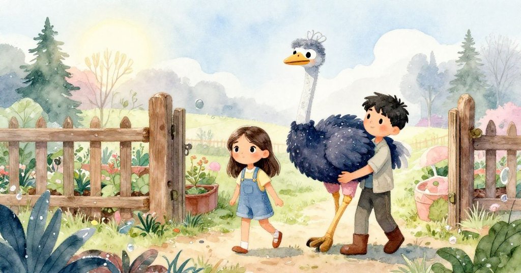 Mira 與 Luca 在社區花園入口處,清晨微光中攜帶紙製長鳥,表情專注且充滿期待