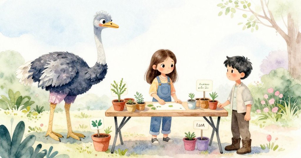 Mira 與 Luca 靠近桌子,調整傾斜桌腿,桌上擺放著草藥牌和堆肥種子盆,背景空曠安靜