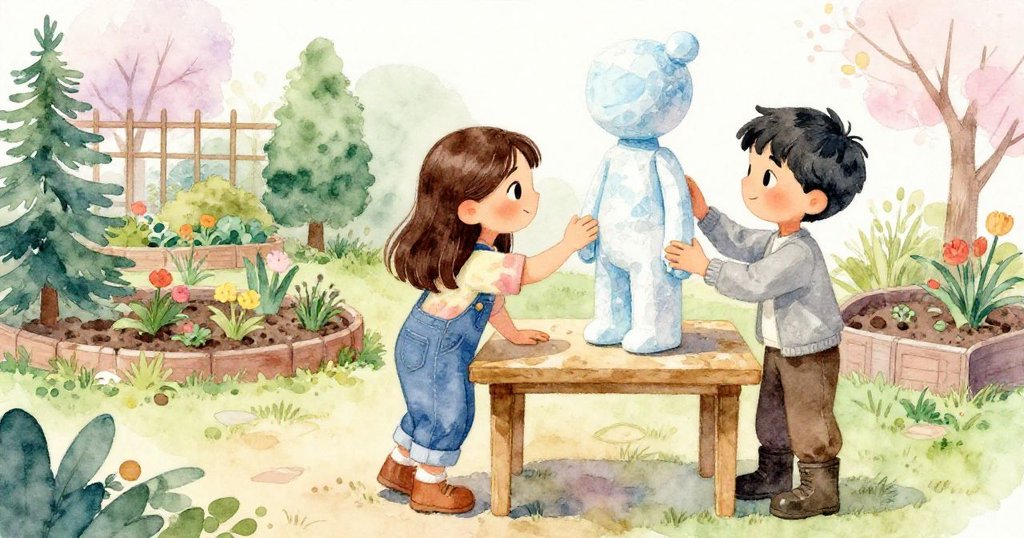 Luca 從背後輕推桌子,Mira 輕敲桌面穩住紙鳥,他們表情專注,背景花園環境溫馨