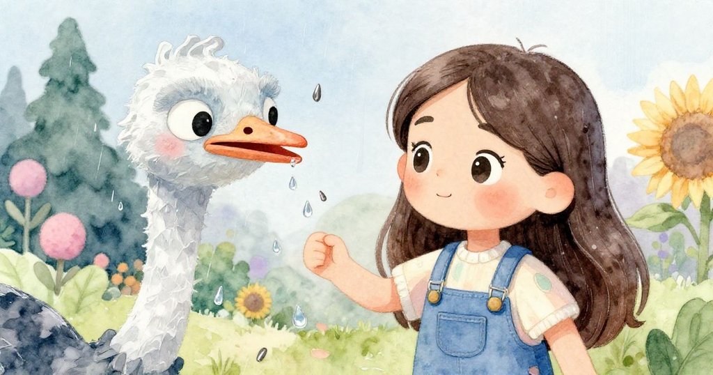 Mira 看向紙鳥裂縫處,細膩紙殼滴著晨露,向下灑落向日葵種子,情景充滿奇妙感受