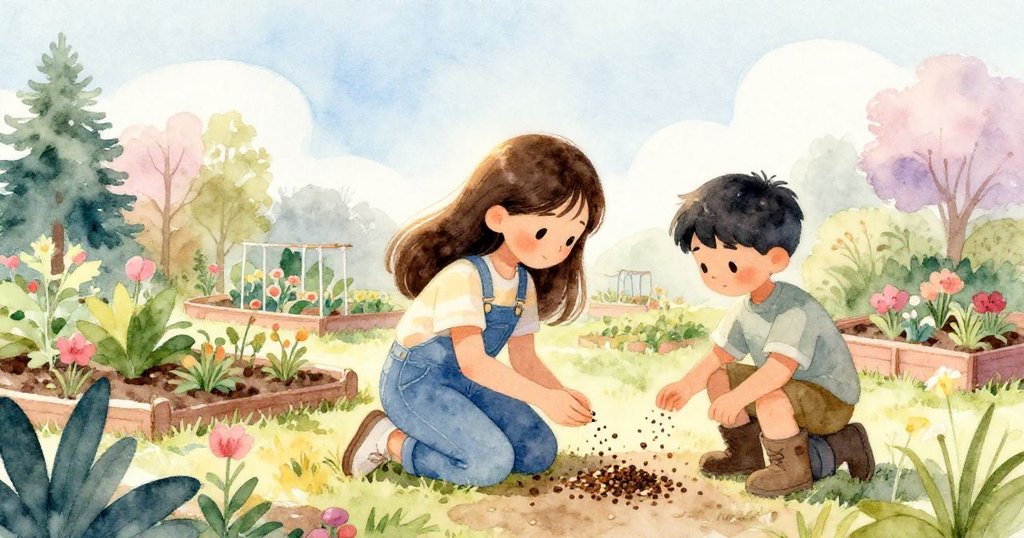 Mira 跪在花園中播撒營養種子,Luca 拋灑堆肥碎片,陽光溫柔照耀,展現自然回春的美好結局