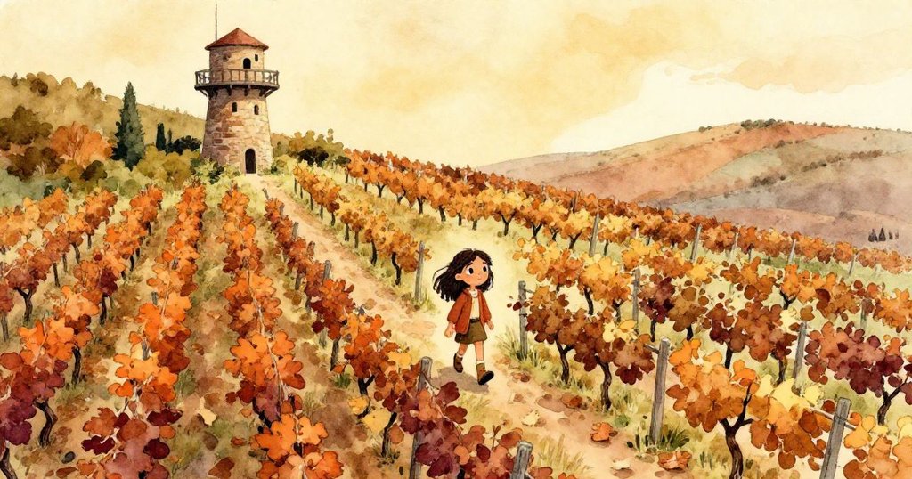 瑪拉在陽光溫暖的葡萄園中穿梭，沿著排列整齊的藤蔓前行，背景有風化瞭望塔，神情充滿期待與自在。