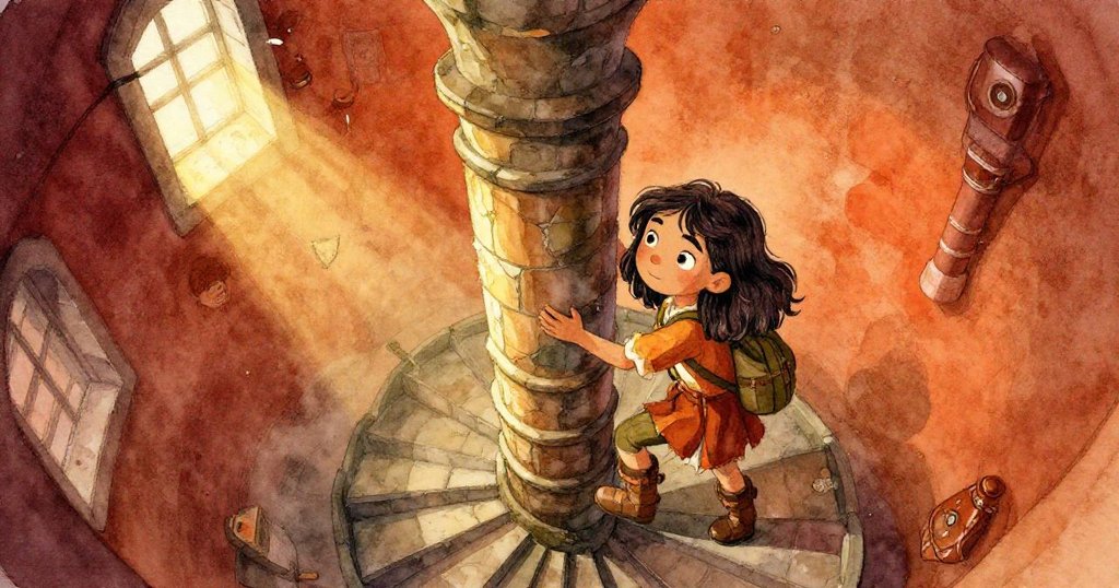 瑪拉小心翼翼地攀登塔內螺旋石階，高處視角下陽光灑落於裂縫中，神情專注且驚喜。