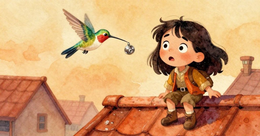 瑪拉驚愕中突然後退，金屬飾品化作蜂鳥展翅飛起，屋頂上塵粒飛舞，情緒緊張又神奇。