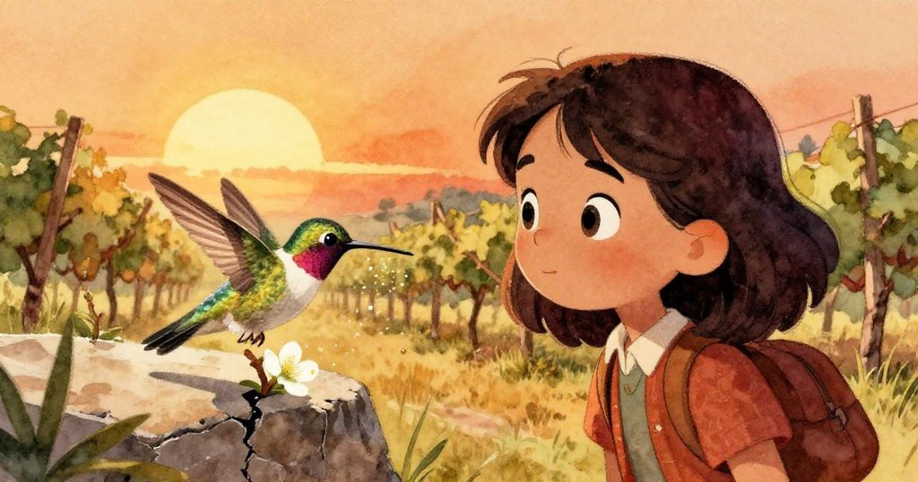 瑪拉在夕陽下靜觀蜂鳥輕啄石縫中的花朵，花粉如微光四散飄落，情景柔美詩意，滿懷柔情。