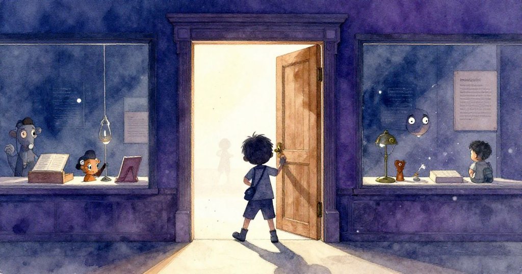 Leo用力推開博物館工作室的木門，溫暖光線透射，剪影中展現他期待又好奇的表情，場景充滿歷史感。