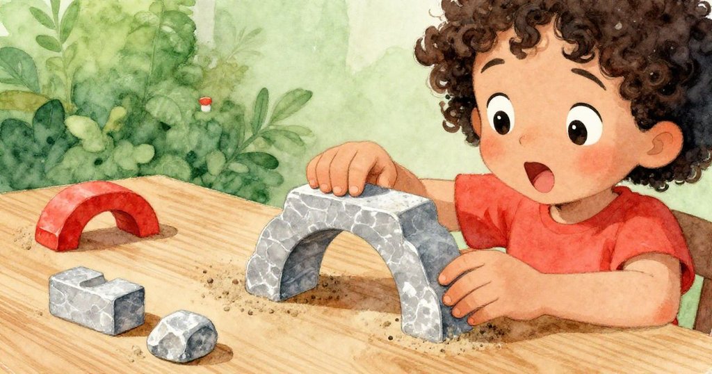 Maya專注排列砂岩拱門的石塊，細膩手法觸碰散落砂塵，臉上流露驚訝與認真，細節豐富。