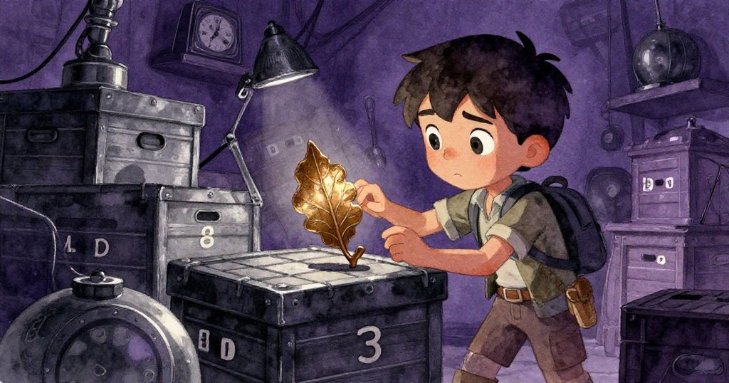 Leo蹲下身仔細檢查編號箱子和古銅飾葉器，低角度展示決心與緊張，場景充滿歷史氣息。