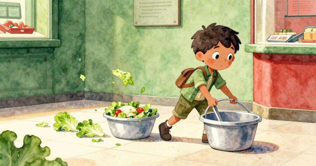 Leo拖動塑料桶時意外撞翻沙拉，生菜葉在瓷磚上滑動，場景充滿午後金光和溫馨忙碌的氛圍。