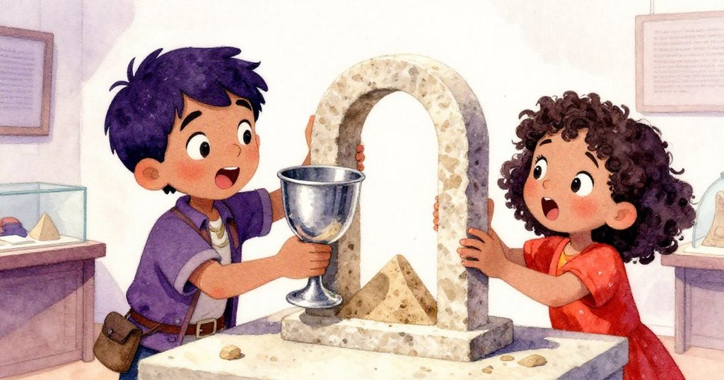 Maya舉起銀酒杯並放下砂岩楔子，Leo滿臉驚喜注視，兩人協作完成拱門，情感溫暖動人。