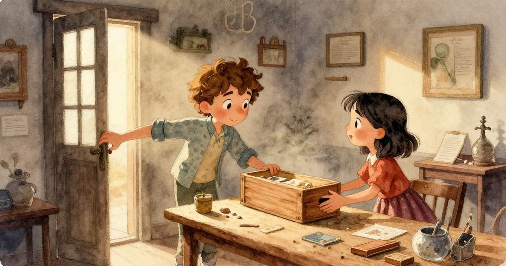 傍晚柔光中完成的拱門靜置於工作室長桌上，各種古物環繞，場景充滿奇幻與溫馨的結局。